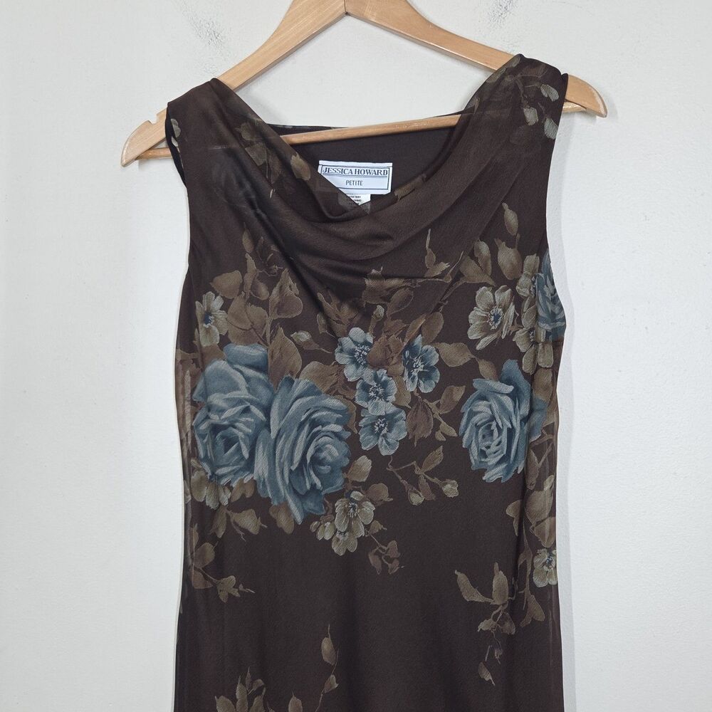 Vtg 90s Y2K Brown Blue Floral Cowl Midi Dress Asymmetrical 10P Fairy Grunge Boho - Picture 2 of 9